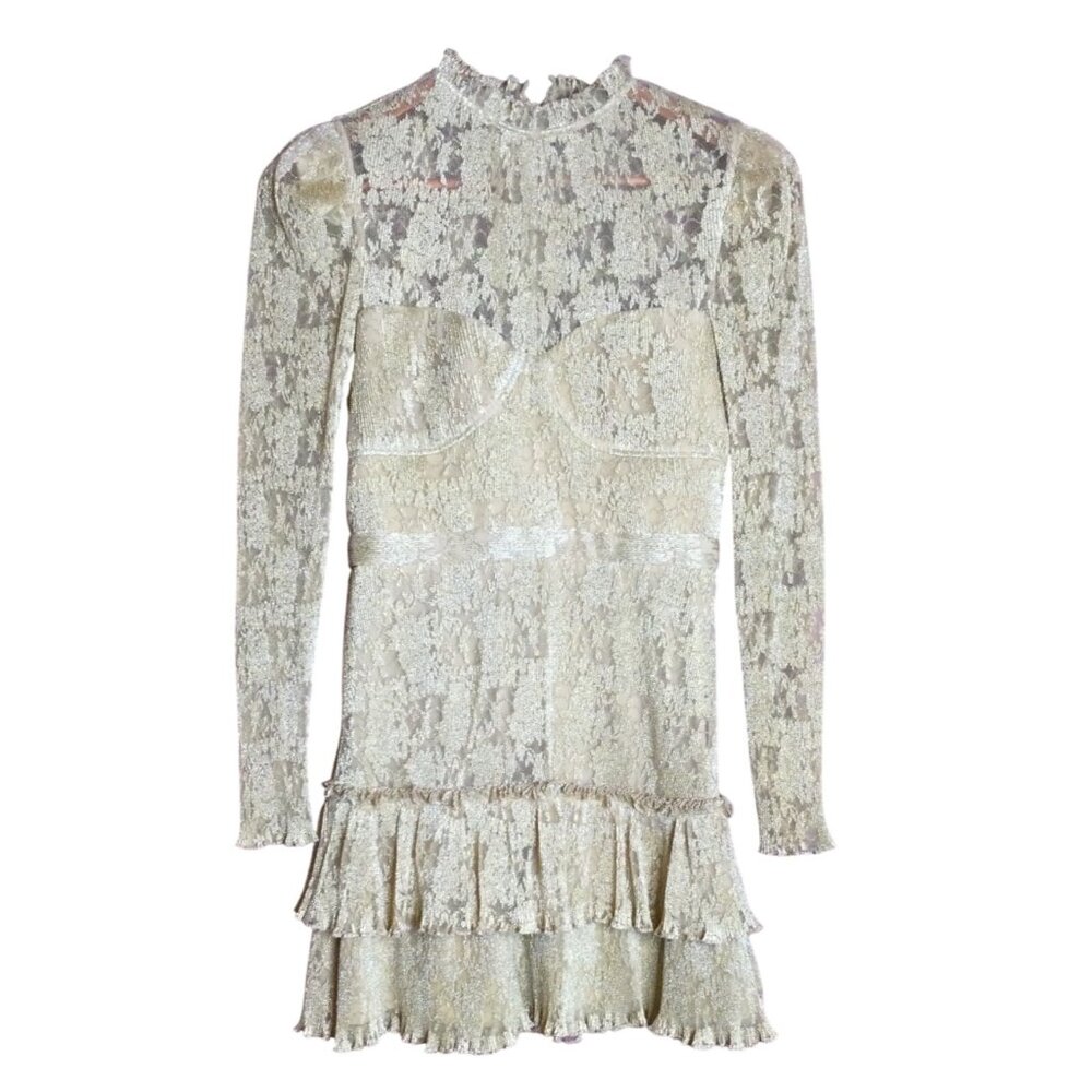Saylor Adria Yellow Gold Lace Mini Dress Ruffled Hem Mock Neck Sheer Sleeve Sz S